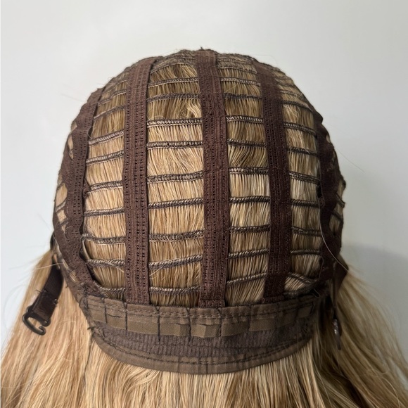 Long Blonde Ombre Wig with Bangs – Wavy Layered Heat Safe Synthetic Hair - Picture 7 of 9